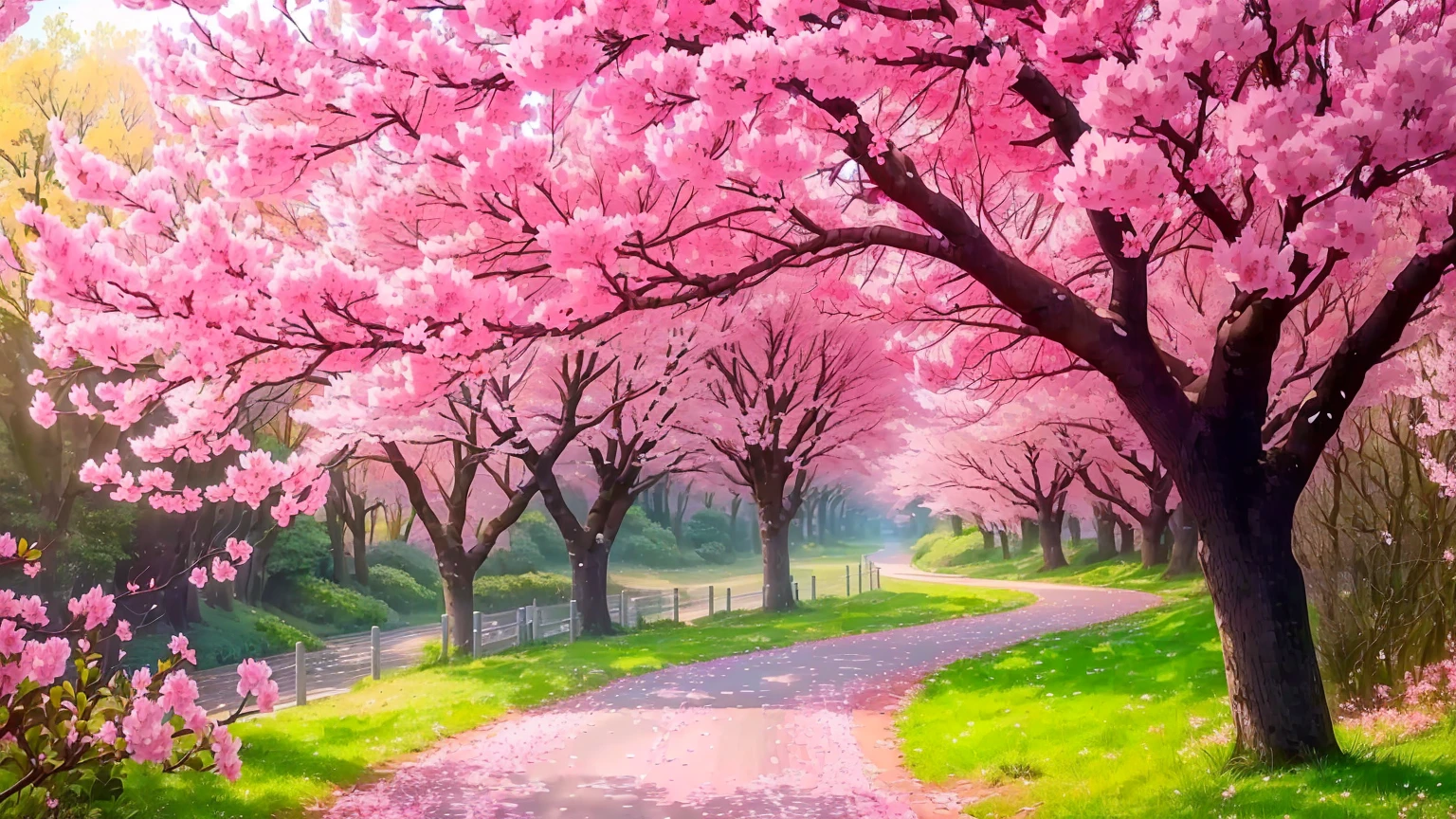 there is a path that has a bunch of pink flowers on it, cherry blossom forest, cherry blossom trees, pink trees, blossoming path to heaven, beatiful backgrounds, really beautiful nature, cherry trees, sakura trees, nature scenery, pink landscape, beautiful nature, lush sakura trees, nature wallpaper, cherry blossom tree, very beautiful photo, beautiful trees