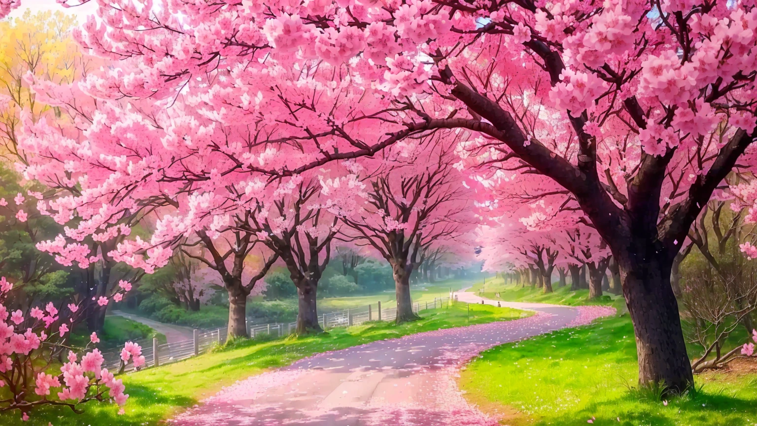 there is a path that has a bunch of pink flowers on it, cherry blossom forest, cherry blossom trees, pink trees, blossoming path to heaven, beatiful backgrounds, really beautiful nature, cherry trees, sakura trees, nature scenery, pink landscape, beautiful nature, lush sakura trees, nature wallpaper, cherry blossom tree, very beautiful photo, beautiful trees