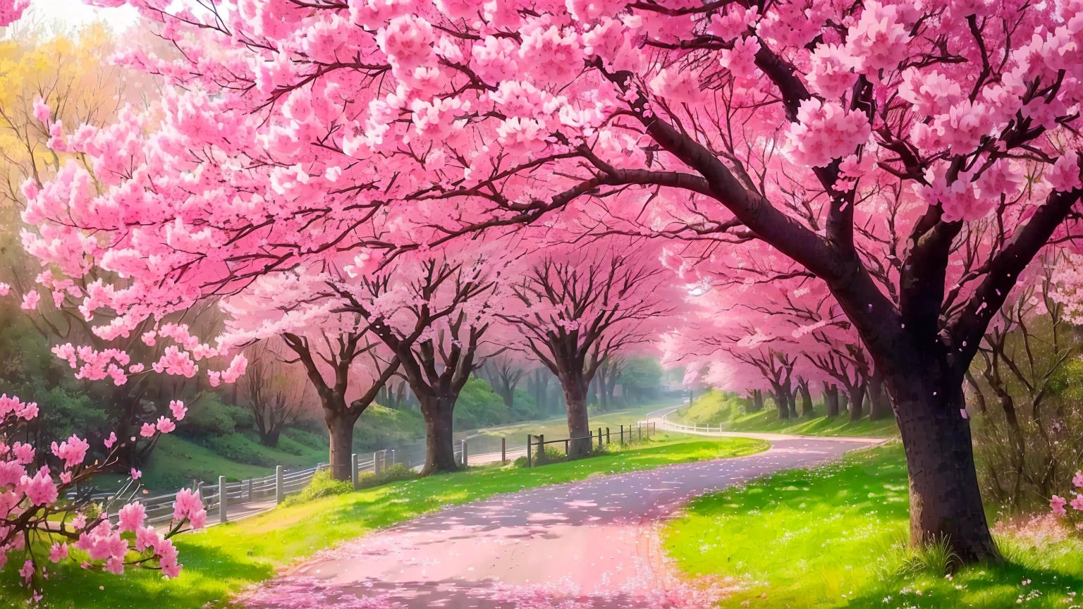 there is a path that has a bunch of pink flowers on it, cherry blossom forest, cherry blossom trees, pink trees, blossoming path to heaven, beatiful backgrounds, really beautiful nature, cherry trees, sakura trees, nature scenery, pink landscape, beautiful nature, lush sakura trees, nature wallpaper, cherry blossom tree, very beautiful photo, beautiful trees
