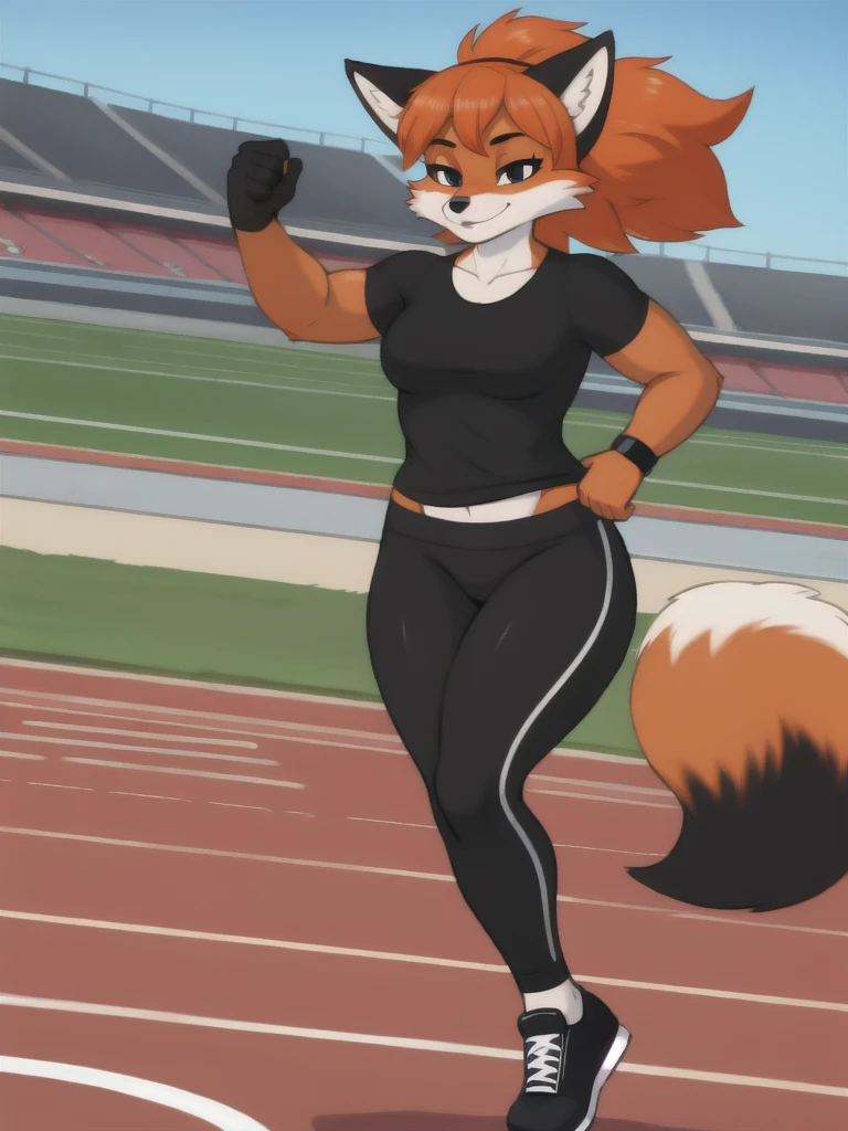 Furry, fox, female, black shirt, black leggings, shoes, running track, solo, full body