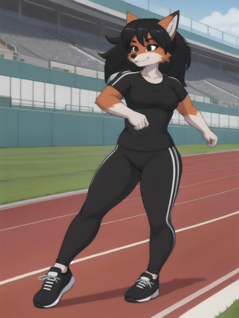 Furry, fox, female, black shirt, black leggings, shoes, running track, solo, full body
