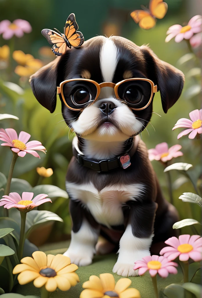 Adorable small tan boston Terrior puppy playing with black shih tzu puppies wearing sunglasses playing at park butterflies and flowers in background 3D Pixar style
