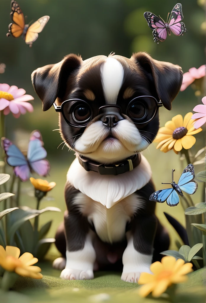 Adorable small tan boston Terrior puppy playing with black shih tzu puppies wearing sunglasses playing at park butterflies and flowers in background 3D Pixar style
