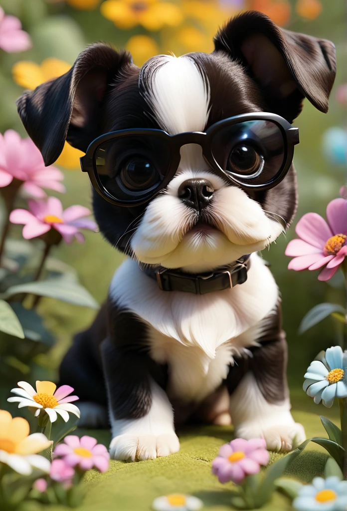 Adorable small tan boston Terrior puppy playing with black shih tzu puppies wearing sunglasses playing at park butterflies and flowers in background 3D Pixar style
