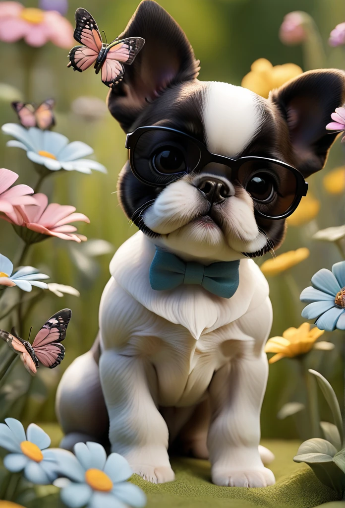 Adorable small tan boston Terrior puppy playing with black shih tzu puppies wearing sunglasses playing at park butterflies and flowers in background 3D Pixar style
