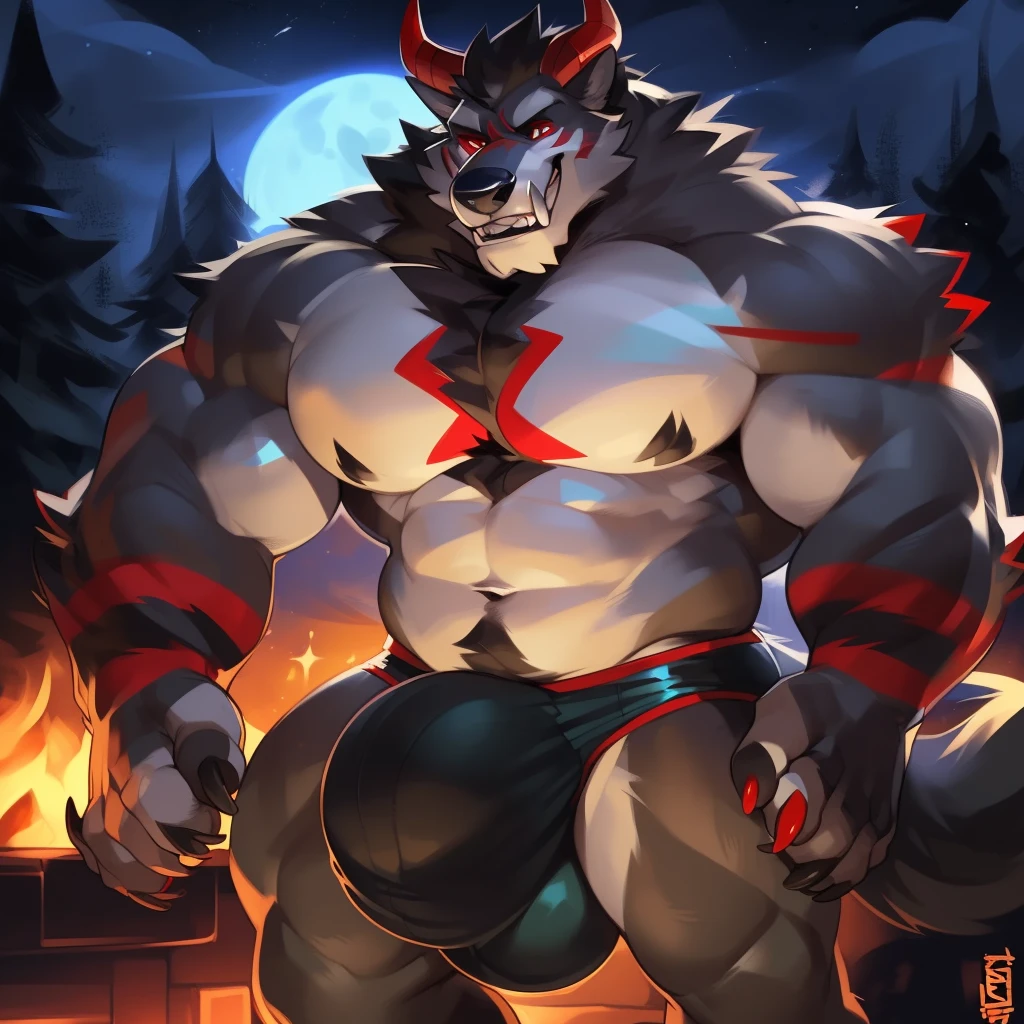 Solo, male (((giant, tall, wolf, werewolf, red eyes, grey body, Muscular, broad shoulders, hyper pecs, huge pecs, huge muscles, abs, muscular arms, muscular thighs, sharp teeth, black chest hair, black nose, tail, fangs, exposed teeth, clawed hands, clawed feet, big tusks, horns, big horns, body marking, red markings, black claws, scruffy cheeks, huge bulge))) forest, night, standing ((male focus, focus wolf, focus teeth)) rubbing stomach, detailed hands, detailed eyes, detailed face, detailed teeth, detailed tusks, detailed arms, detailed abs, detailed bulge, detailed snout, briefs, black briefs, big briefs, accurate tusk placement, perfect anatomy, by darkgem, by mystikfox61, by glitter trap boy
