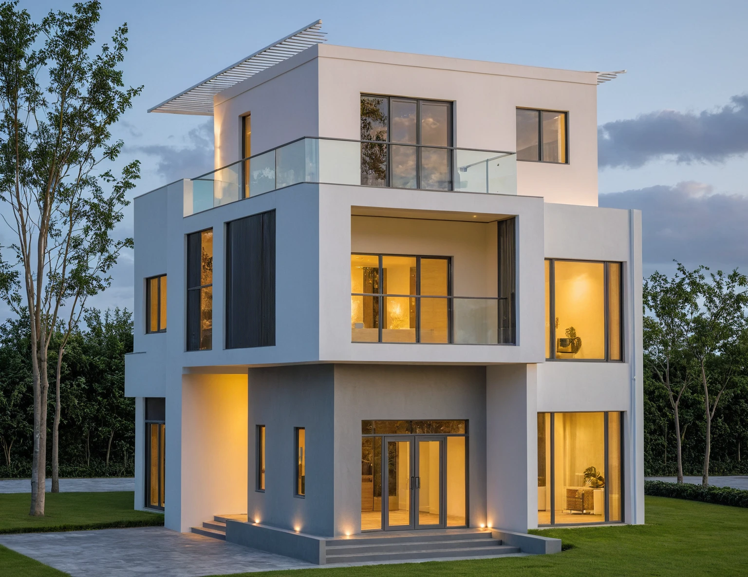 Masterpiece, high quality, best quality, authentic, super detail, outdoors, aiaigroup, house style modern , white wall , pavement, grass, trees, dusk sky, cloud, (daylight:1.1)