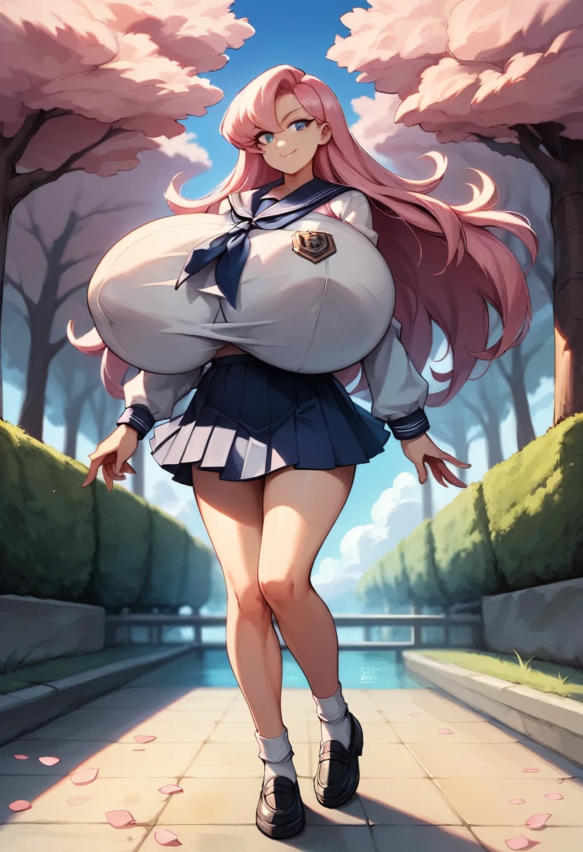 (gigantic breast), beautiful breast, best-quality, 8k quality, masterpiece, 1girl, high school girl, pink hair, long hair, beautiful detailed blue eyes, perfect eyes, full body, neat long sleeve school sailor suit, April, school zone, cherry blossom trees, lightsmile, front view, plain navy blue school skirt, school sailor scarf, perfect fingers, perfect anatomy, perfect face, sharp outline