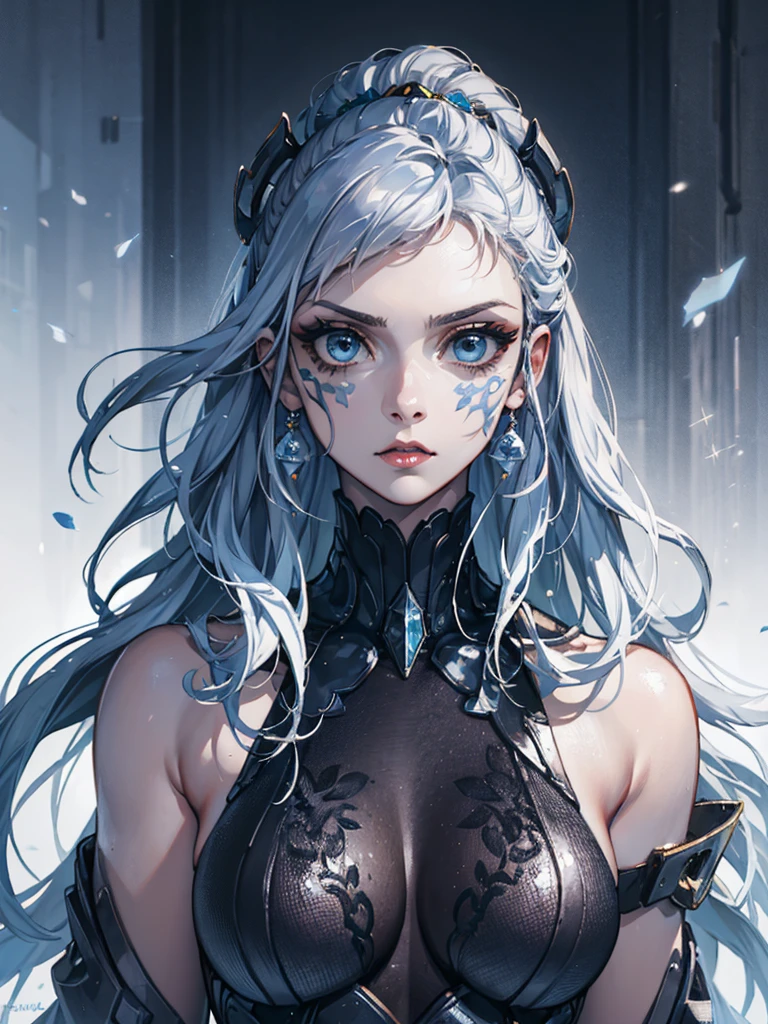 (best quality, highres, ice skull:1.1), ice skull, girl style, thick body art, detailed facial features, icy blue eyes, glossy lips, long eyelashes, porcelain skin, blue and silver color scheme, intricate skull design, realistic texture, vibrant colors, elaborate background, mysterious atmosphere, frozen garden, snow-covered trees, sparkling ice crystals, surreal lighting, fantasy elements