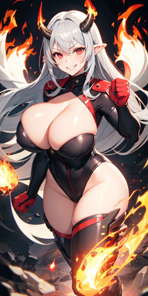 colorful, 1girl, mature, v-shapes eyebrows, grin, gray hair, red eyes, oni horns, huge breast, clenched fist, fire flames, glow, glowing weapon, fire particles, wallpaper, chromatic aberration,
