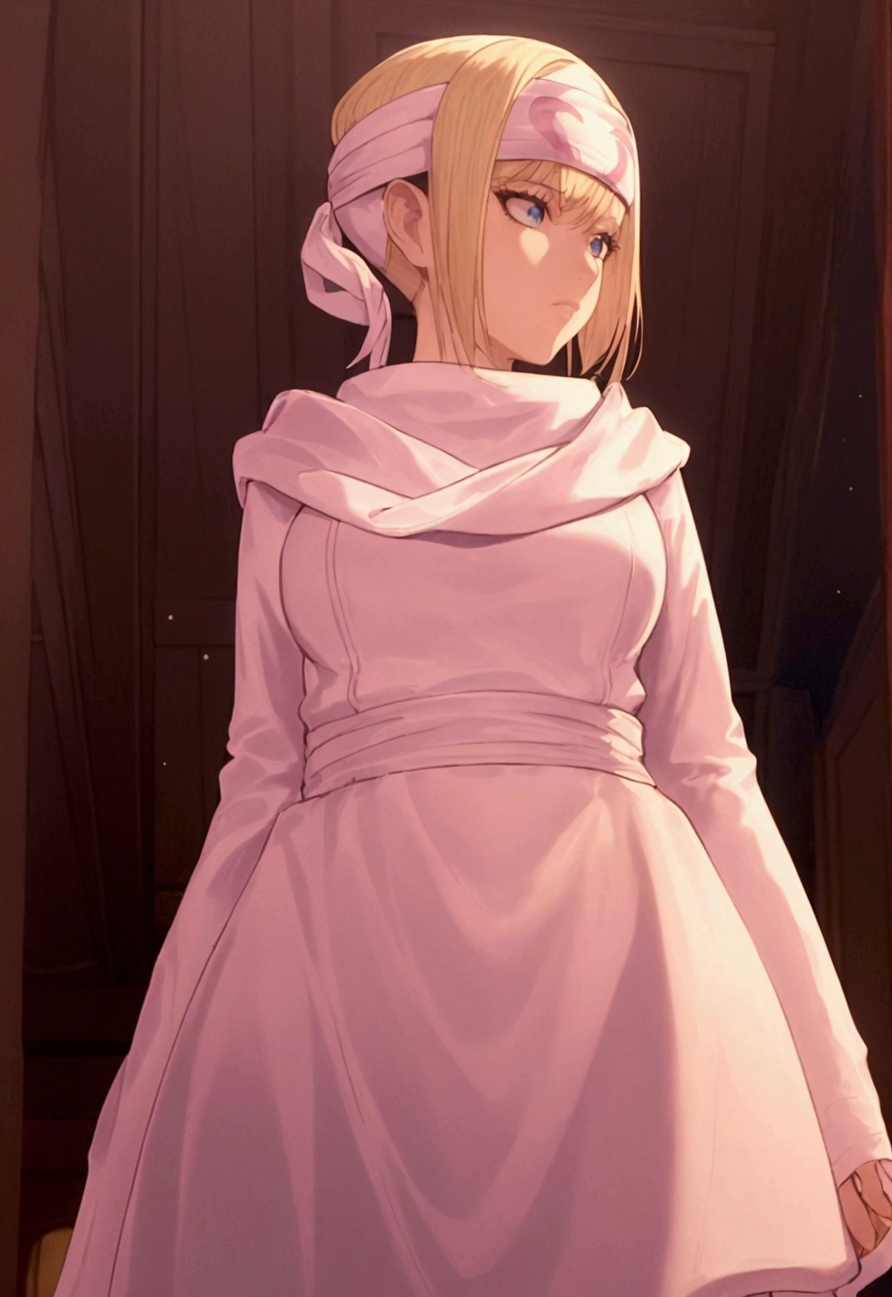 masterpiece), best quality, high resolution blonde 1girl bob cut medium hair standing alone cowl headband profile image looking at viewer beautiful eyes beautiful face extremely detailed pink clothing girly