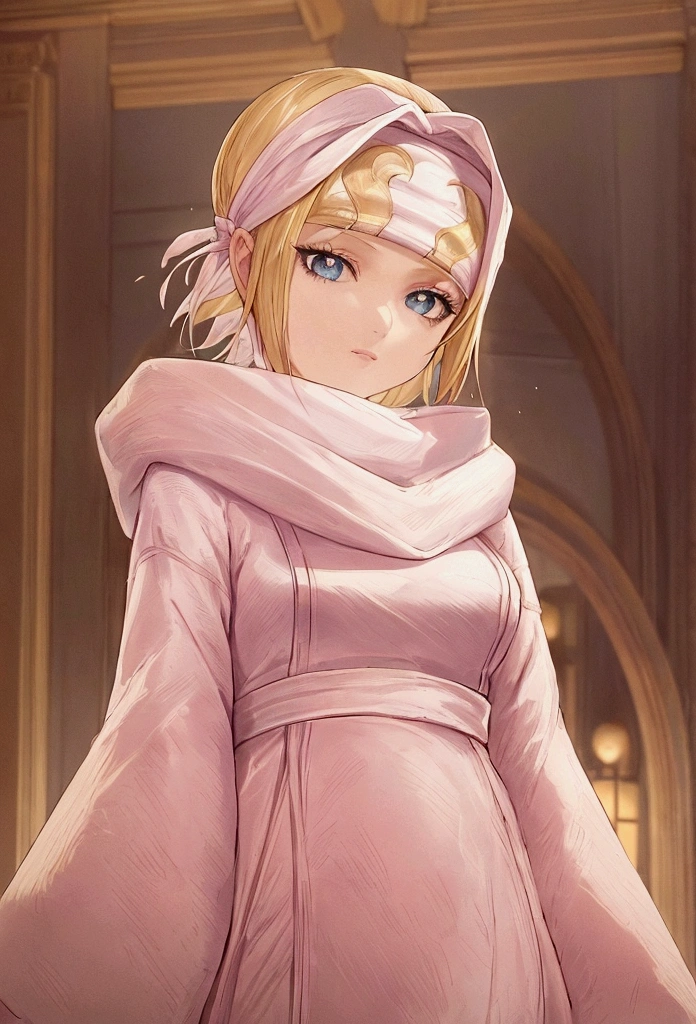 masterpiece), best quality, high resolution blonde 1girl bob cut medium hair standing alone cowl headband profile image looking at viewer beautiful eyes beautiful face extremely detailed pink clothing girly