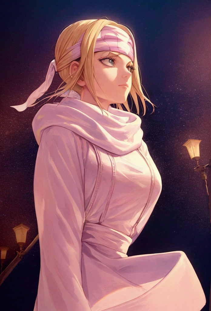 masterpiece), best quality, high resolution blonde 1girl bob cut medium hair standing alone cowl headband profile image looking at viewer beautiful eyes beautiful face extremely detailed pink clothing girly