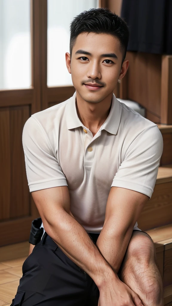 Masterpiece, best quality, high resolution, realistic, handsome, Take beautiful photos, A photo of a 35-year-old Gym Association member sitting on the floor. (The man has a thin mustache.) ,Full body, Portrait, standing on stairs, make military media, weight, Amazing , Buzzcut short hair,stubble head , (Hyper Muscle),looking at the audience, Flirt with the camera, charming, (Tight polo shirt Cargo pants ),(GS-Male:1), 8k,Bokeh,Portrait,look at the viewer, smile 