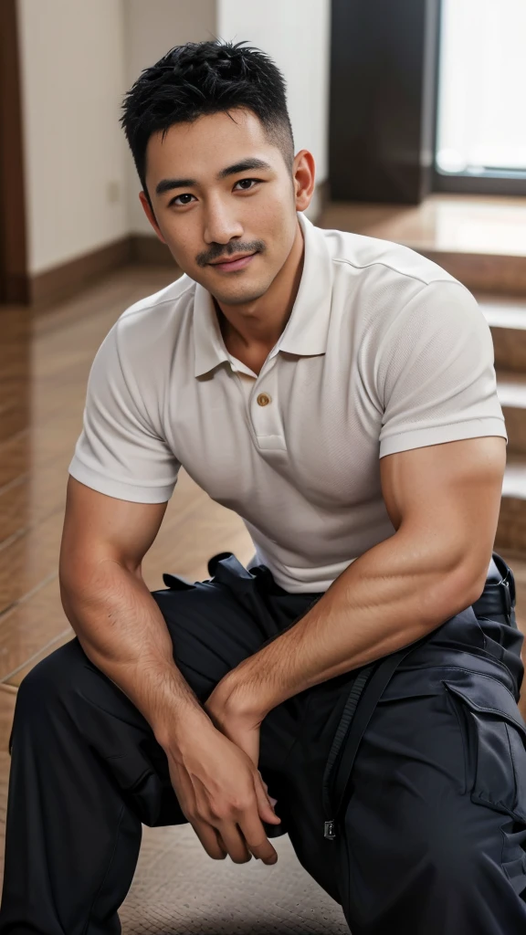 Masterpiece, best quality, high resolution, realistic, handsome, Take beautiful photos, A photo of a 35-year-old Gym Association member sitting on the floor. (The man has a thin mustache.) ,Full body, Portrait, standing on stairs, make military media, weight, Amazing , Buzzcut short hair,stubble head , (Hyper Muscle),looking at the audience, Flirt with the camera, charming, (Tight polo shirt Cargo pants ),(GS-Male:1), 8k,Bokeh,Portrait,look at the viewer, smile