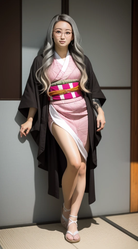 Cute Japanese woman, (16 years old), (very cute face), white moisturized skin, looking at the camera, (pink bright eyes: 1.4), (black framed glasses: 1.3)
BREAK,
(parkour), (very beautiful berserker woman: 1.3), (dynamic pose: 1.3),
BREAK,
(wearing a cute pink kimono: 1.3), (highly revealing kimono), very large earrings, short length, (has a black grass tattoo on her body: 1.3),
BREAK,
(very long hair), (light grey hair: 1.4), (wavy hair), (gradient hair: 1.3), (red tips: 1.3),
BREAK,
(realistic: 1.3), masterpiece, perfect lighting, (ultra high resolution), (8K), (highly detailed: 1.4), (from the front), (full body: 1.4), (symmetrical: 1.2), (one shot),
BREAK,
(large cities in Japan: 1.2),