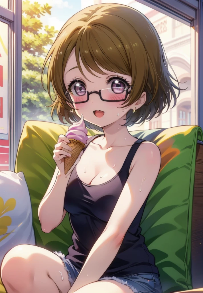 Hanayo Koizumi, hanayo　Koizumi, short hair, Brown Hair, Purple eyes,Big Breasts,happy smile,Open your mouth, smile,Black-rimmed glasses,Green Tank Top,white string underwear,barefoot,Holding ice cream in both hands,Eating ice cream,Sitting on the sofa,whole bodyがイラストに入るように,Daytime,Clear skies,Sweat,　　　　　　　　　　　　　　　　　　　break looking at viewer, whole body,(Cowboy Shot:1. 5) 　　　　　　　　　　　　　　　　　　　break indoors,  　　　　　　　　　　　break (masterpiece:1.2), Highest quality, High resolution, unity 8k wallpaper, (shape:0.8), (Beautiful attention to detail:1.6), Highly detailed face, Perfect lighting, Extremely detailed CG, (Perfect hands, Perfect Anatomy),