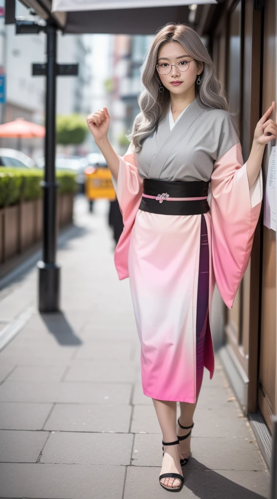 Cute Japanese woman, (16 years old), (very cute face), white moisturized skin, looking at the camera, (pink bright eyes: 1.4), (black framed glasses: 1.3)
BREAK,
(parkour), (very beautiful berserker woman: 1.3), (dynamic pose: 1.3),
BREAK,
(wearing a cute pink kimono: 1.3), (highly revealing kimono), very large earrings, short length, (has a black grass tattoo on her body: 1.3),
BREAK,
(very long hair), (light grey hair: 1.4), (wavy hair), (gradient hair: 1.3), (red tips: 1.3),
BREAK,
(realistic: 1.3), masterpiece, perfect lighting, (ultra high resolution), (8K), (highly detailed: 1.4), (from the front), (full body: 1.4), (symmetrical: 1.2), (one shot),
BREAK,
(large cities in Japan: 1.2),