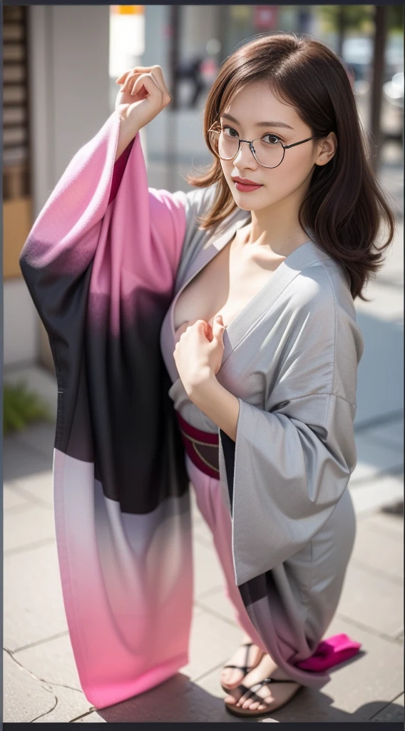 Cute Japanese woman, (16 years old), (very cute face), white moisturized skin, looking at the camera, (pink bright eyes: 1.4), (black framed glasses: 1.3)
BREAK,
(parkour), (very beautiful berserker woman: 1.3), (dynamic pose: 1.3),
BREAK,
(wearing a cute pink kimono: 1.3), (highly revealing kimono), very large earrings, short length, (has a black grass tattoo on her body: 1.3),
BREAK,
(very long hair), (light grey hair: 1.4), (wavy hair), (gradient hair: 1.3), (red tips: 1.3),
BREAK,
(realistic: 1.3), masterpiece, perfect lighting, (ultra high resolution), (8K), (highly detailed: 1.4), (from the front), (full body: 1.4), (symmetrical: 1.2), (one shot),
BREAK,
(large cities in Japan: 1.2),