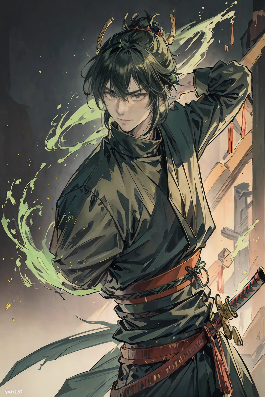 Ninja male, a green haired , wearing a black ninja armor, long hair, fasion hair, samurai armor, slim body, shirt ornament, hakama, tall 180cm, 22yearold, samurai, use katana to fighting, male, handsome,  earing, smiley facr