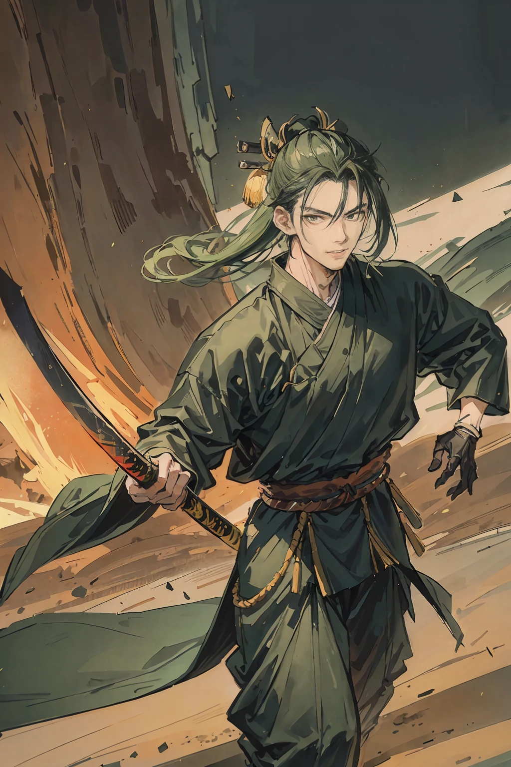 Ninja male, a green haired , wearing a black ninja armor, long hair, fasion hair, samurai armor, slim body, shirt ornament, hakama, tall 180cm, 22yearold, samurai, use katana to fighting, male, handsome, earing, smiley facr