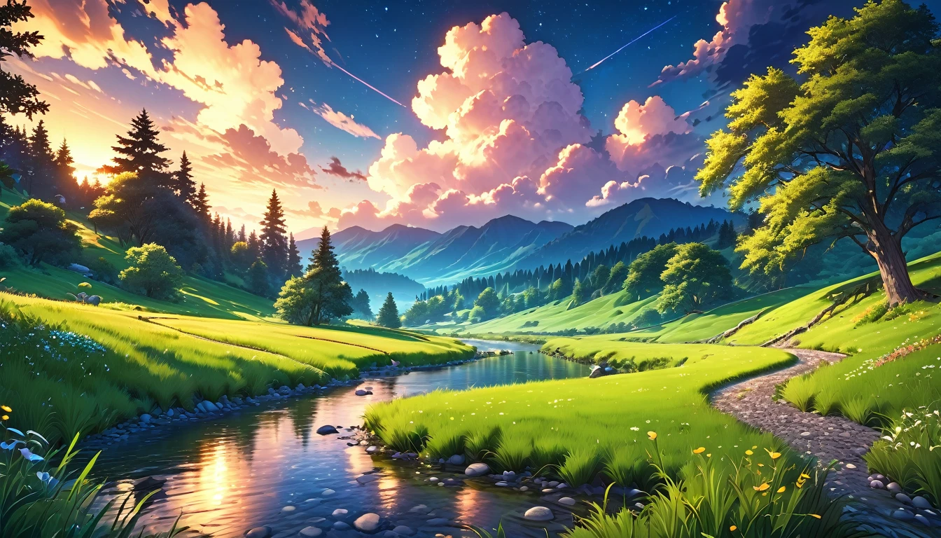 Detailed anime summer night scene, Lush green meadow next to peaceful stream, Beautiful peaceful scenery, dramatic lighting, bright colors, (best quality,4K,8k,High resolution,masterpiece:1.2),Super detailed,(actual,photoactual,photo-actual:1.37),Stunning composition,dramatic lighting, dramatic clouds, warm saturated colors, Depth of Field, intricate details