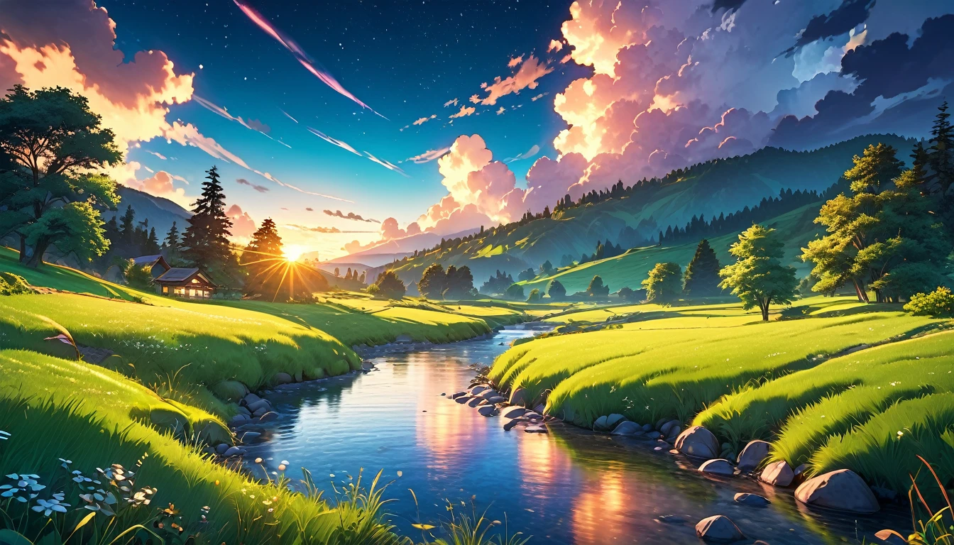 Detailed anime summer night scene, Lush green meadow next to peaceful stream, Beautiful peaceful scenery, dramatic lighting, bright colors, (best quality,4K,8k,High resolution,masterpiece:1.2),Super detailed,(actual,photoactual,photo-actual:1.37),Stunning composition,dramatic lighting, dramatic clouds, warm saturated colors, Depth of Field, intricate details