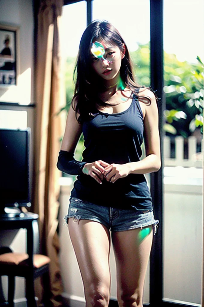 (realistic:1.3) , finely detailed, quality, (masterpiece:1.2) , (photorealistic:1.2) , (best quality) , (detailed skin:1.3) , (intricate details) , ray tracing, dramatic, 1 girl, (cute korean Ethereal Female), (film grain:1.2), White tank top, Shorts, In bedroom.