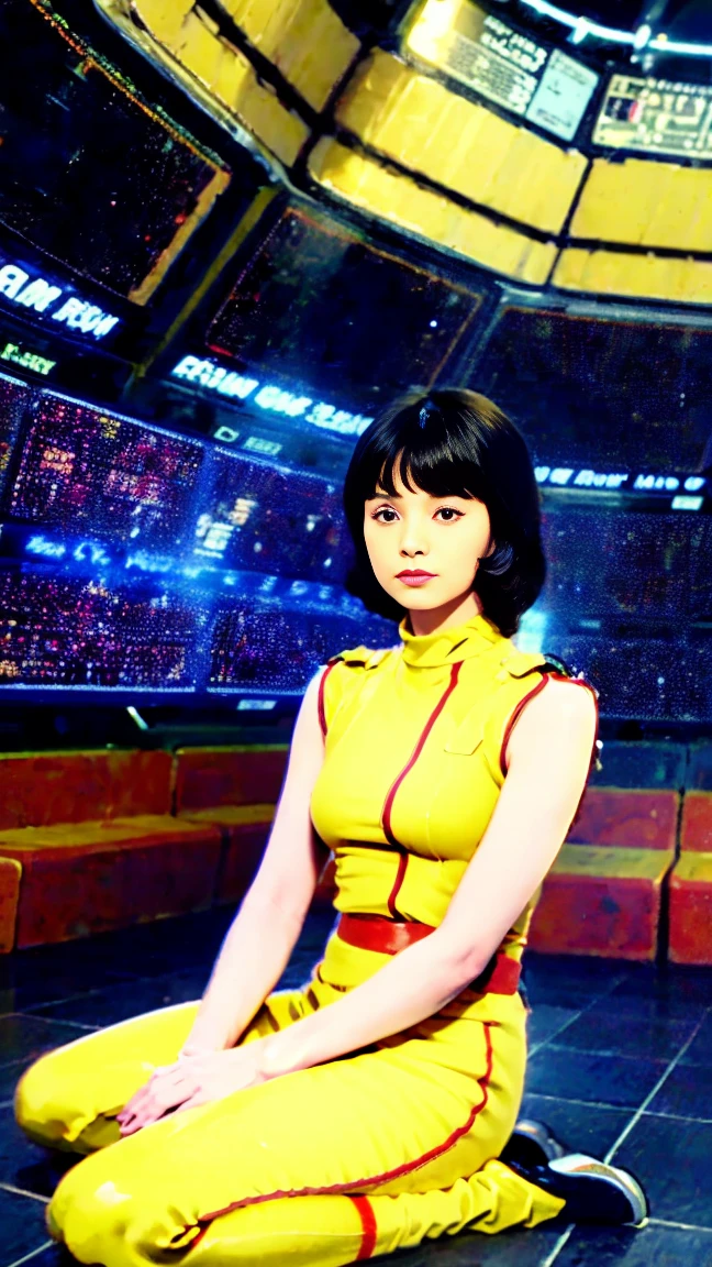 (8k、RAW Photos、Highest quality、masterpiece:1.2、Perfect Anatomy)、(Realistic、Realistic、Full body photo)、1 female、(((A slightly sullen look)))、short hair、((A woman in her 30s wearing a Fa Yuiri costume))、(Being inside a spaceship、Sitting)