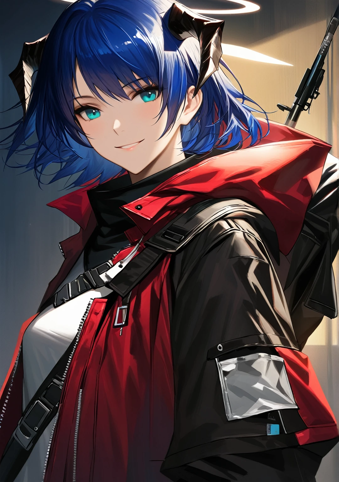 (woman), ((Mostima from arknights)), masterpiece, best quality, blue hair, ((short hair)), horns, plain white shirt, red fullbody coat, red hood, dark blue eyes, realistic anime style, smiling, ((portrait)), black gloves, carring a bag, halo.