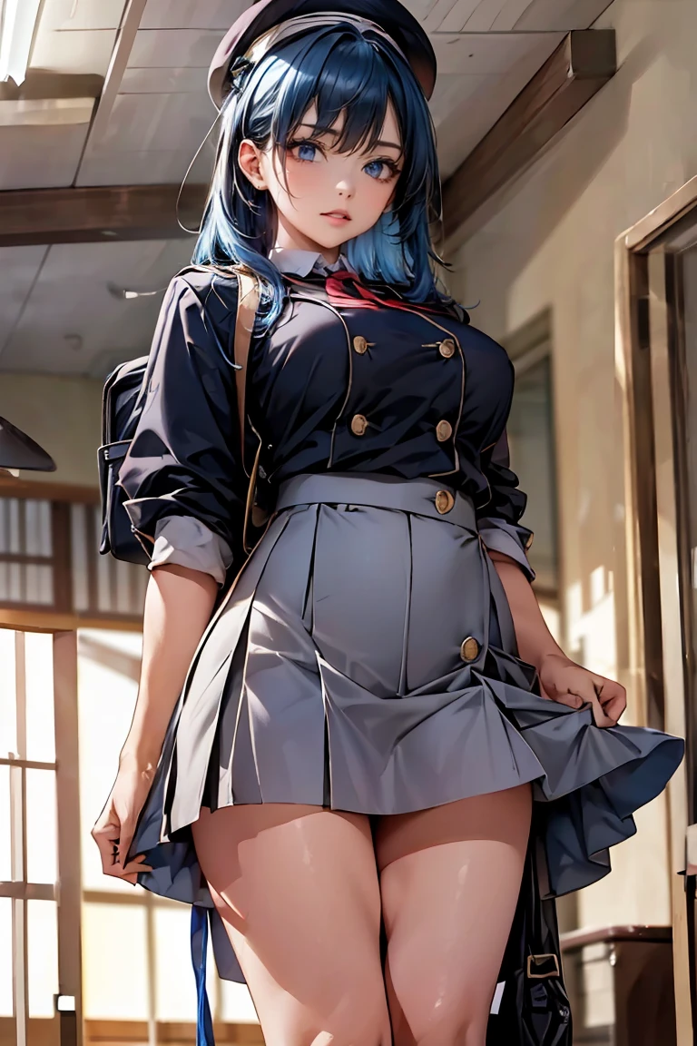 (masterpiece), ((Highest quality)), (masterpiece,Highest quality,Official Art,Highly detailed CG Unity 8K wallpapers)、Beautiful Japanese Woman、Detailed face、Smooth Skin、Big Breasts、((Bob Hair:1.6、Light blue hair))、"High school girl in a futuristic uniform。Wearing a monochrome tight-fitting blazer、Metallic buttons and school crest on left chest。Below is the、He is wearing a clean white shirt with hidden buttons.、The collar and cuffs have thin lines。The skirt is a knee-length A-line skirt.、Does it have the same simple stripes as the blazer?、You may be wearing tight-fitting straight pants of the same pattern.。Shoes must be black or dark grey sneakers、Includes silver accents。As an accessory、A tie or ribbon in school colors、Lightweight and multifunctional backpack with reflectors、We also have caps and berets that can be used during extracurricular activities.。The material of the uniform is temperature regulating、Antifouling、Has antibacterial properties。"