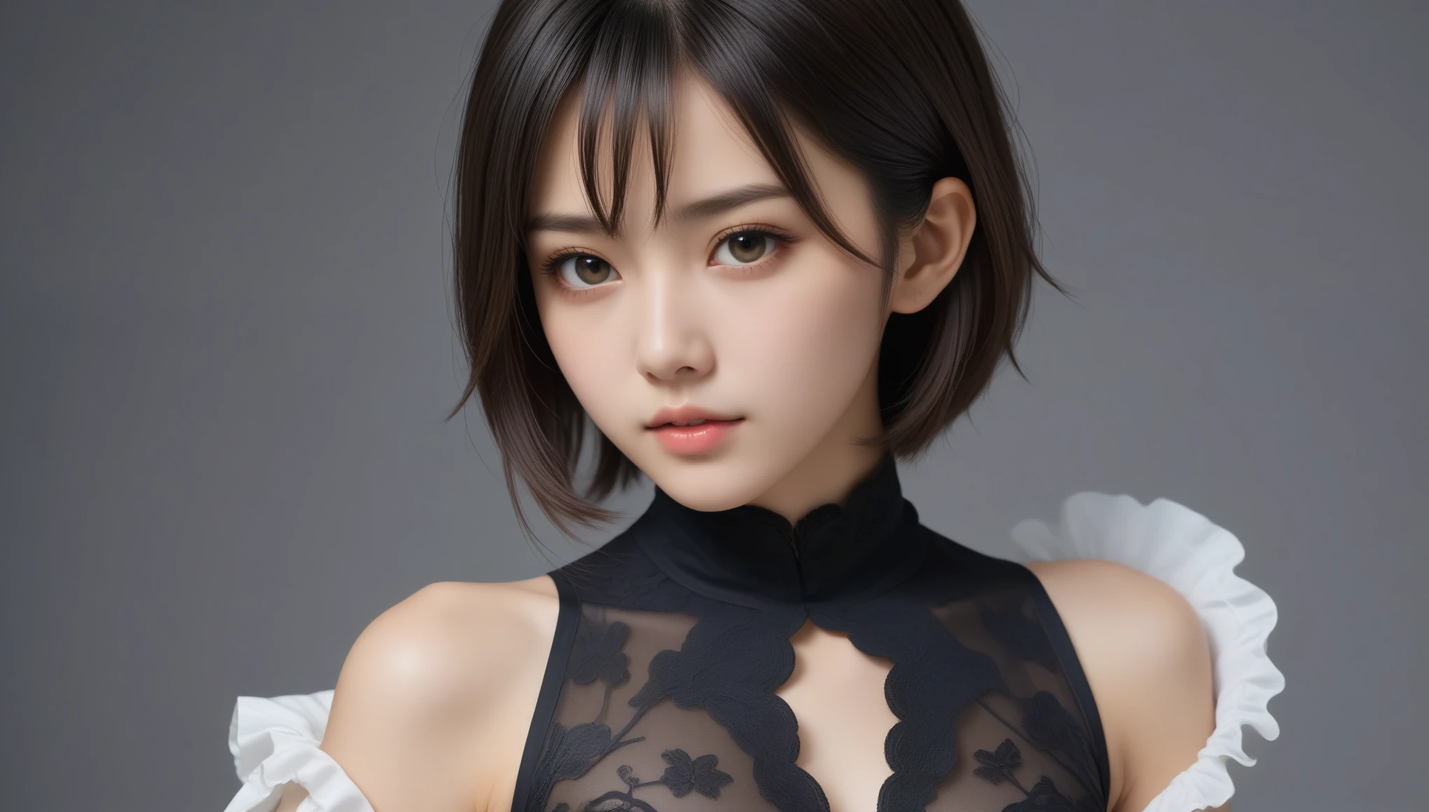 8k, Ultra-high resolution, Highest quality, masterpiece, 三分割法によるphotograph,Surreal, photograph, 1 Girl, (:1.3), pretty girl, Cute Face, Beautiful eyes in every detail, 細かくdetailedに,masterpiece,One Girl:1.2, Japan Female Announcer,upper body,from below,sad,streaming tears,Black short hair,Messy hair,(black suit:1.3),mourning clothes,(印象派の美しい少女のPortraiture), (Gray background:1.3),(Impressionist light and colour),Realistic Skin, Perfect and beautiful face ,完璧でCute Face, Skin with attention to detail, Perfect limbs、Narrow waist,Looking at the audience、beauty,Long neck,clavicle,(((Ideal body type))),A cup small breasts :2,Portraiture:2,Perfect Anatomy,鮮明なdetailed,detailed,Surreal,Light and shadow,spotlight