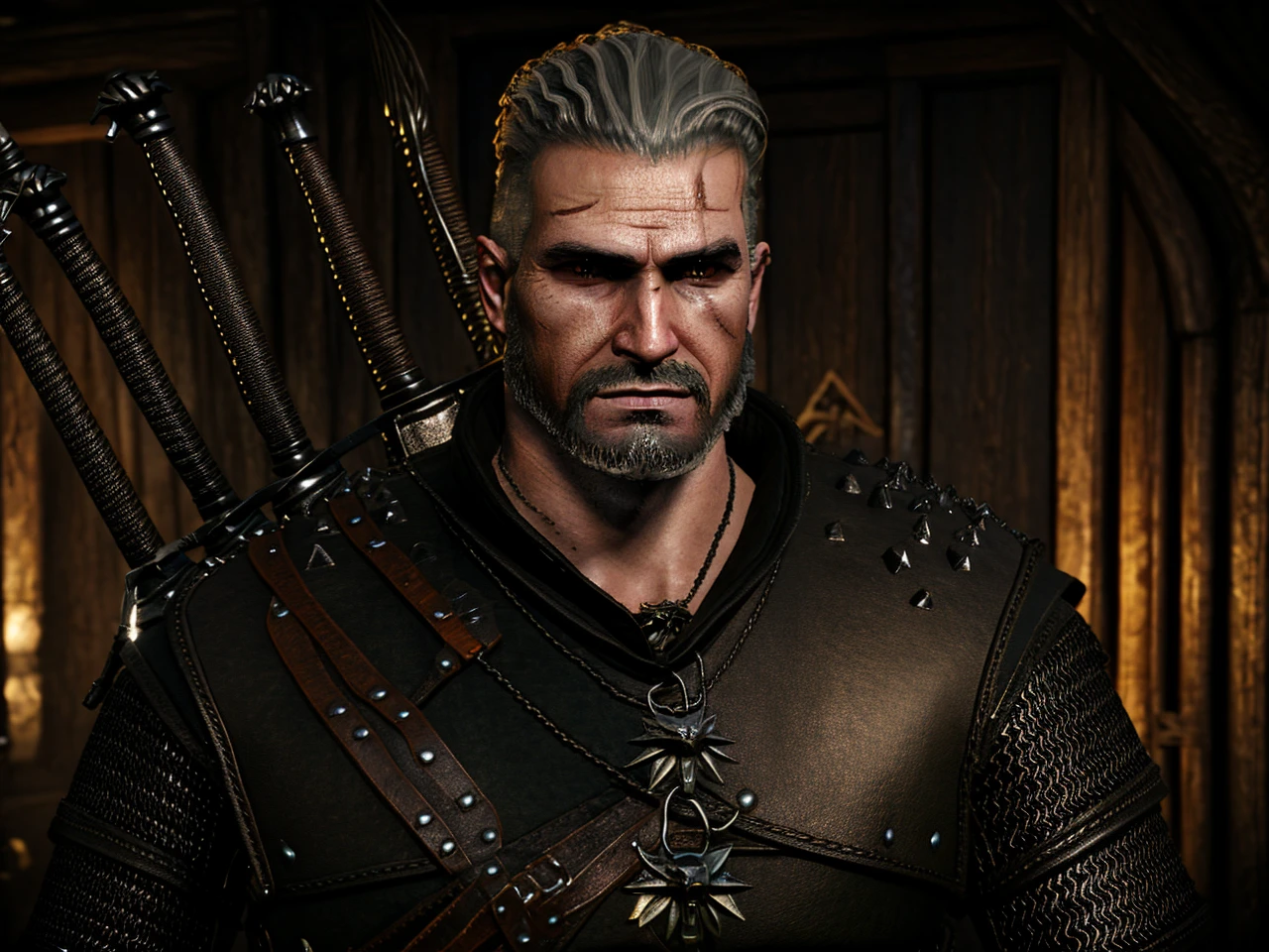 Real realistic style. 22 year old man, short hair and quiff. Wearing black witcher armor with some small orange details, medallion with wolf symbol from the wolf school, two swords on the back, going to a bulletin board to get a contract. black hair and goatee.