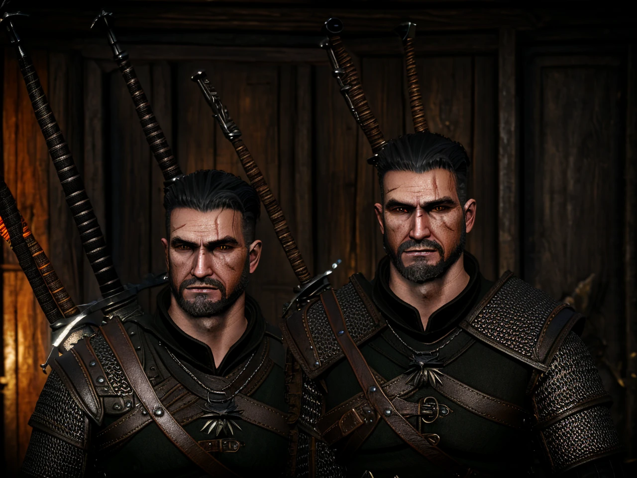 Real realistic style. 22 year old man, short hair and quiff. Wearing black witcher armor with some small orange details, medallion with wolf symbol from the wolf school, two swords on the back, going to a bulletin board to get a contract. black hair and goatee.