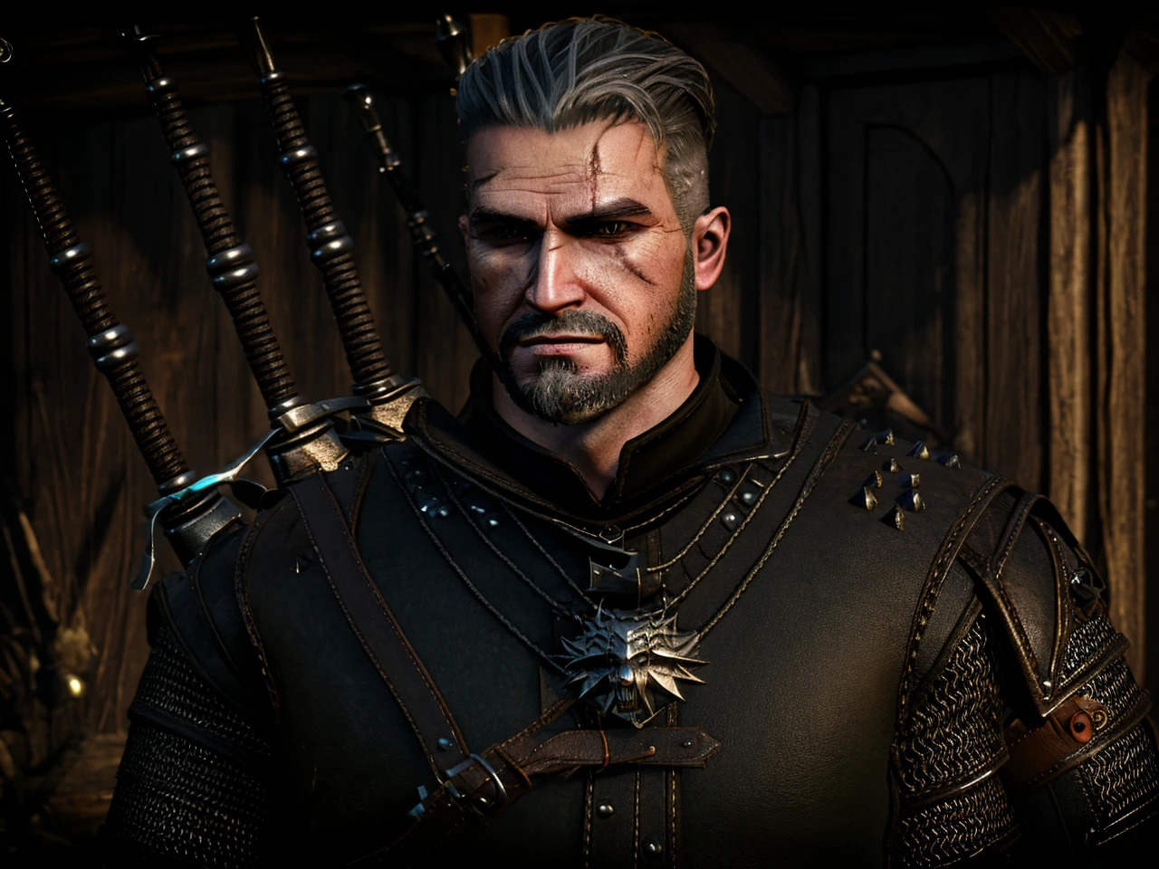 Real realistic style. 22 year old man, short hair and quiff. Wearing black witcher armor with some small orange details, medallion with wolf symbol from the wolf school, two swords on the back, going to a bulletin board to get a contract. black hair and goatee.