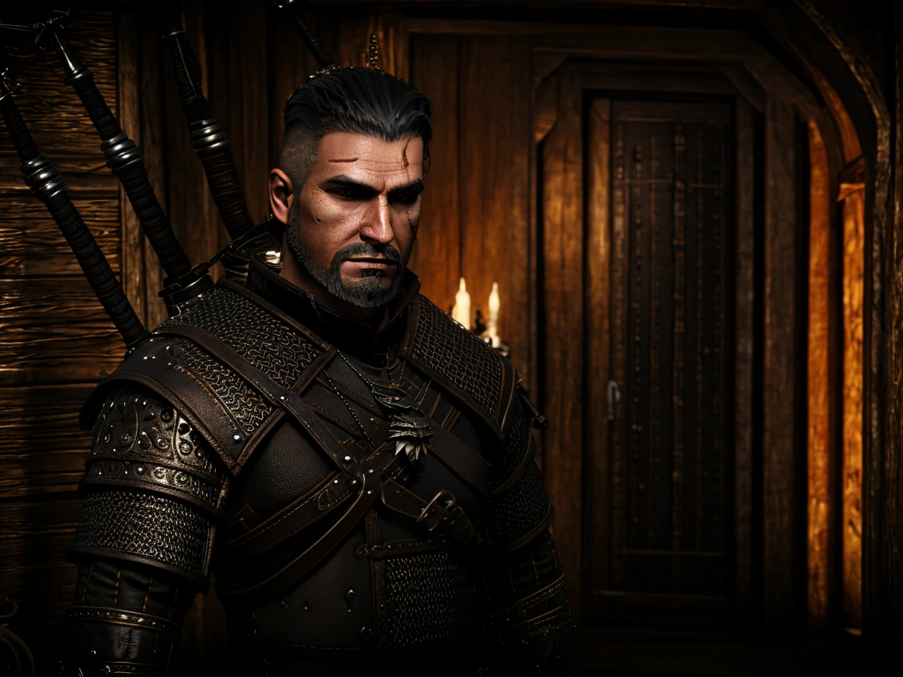 Real realistic style. 22 year old man, short hair and quiff. Wearing black witcher armor with some small orange details, medallion with wolf symbol from the wolf school, two swords on the back, going to a bulletin board to get a contract. black hair and goatee.