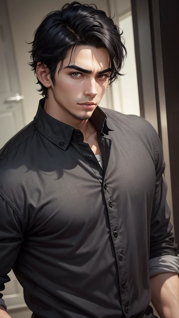 There's a young man., with black hair, Staring sideways., with the gloomy weather, Masterpiece, best quality, realistic, 1 man, focus man, handsome, [Thick eyebrows], Portrait, Very detailed face, black hair, (short hair)