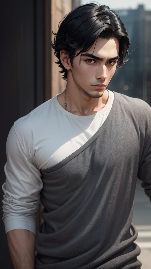 There's a young man., with black hair, Staring sideways., with the gloomy weather, Masterpiece, best quality, realistic, 1 man, focus man, handsome, [Thick eyebrows], Portrait, Very detailed face, black hair, (short hair)