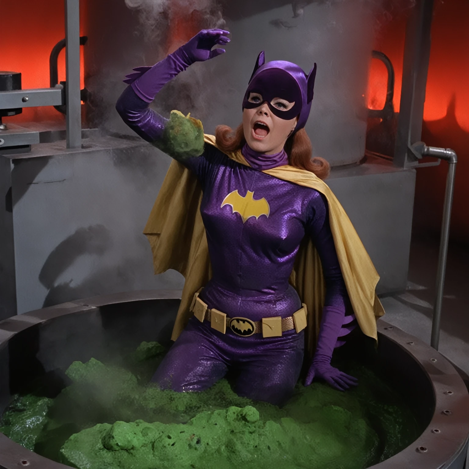 yvonne craig woman, sinking in green lava inside a big tank in a scientist lab. She screams with her eyes wide open, she looks for help, extent her arm trying to grab something to escape, she moves desperate, but half of her body is already cover by lava she is in pain, smoke everywhere. she screams as hard as she can , 60's style, analog film, film grain, on a lab. Some red lights