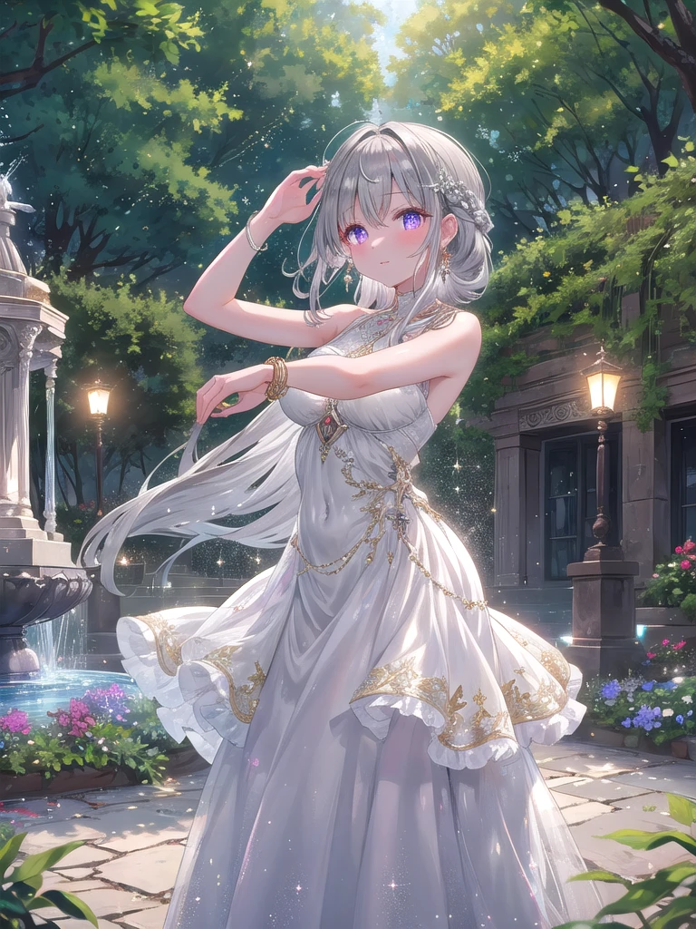 ((8k, best quality, master piece: 1.3)),super high resolution,(1 girl, solo), (colorshift eyes, hyperdetailed, expressive sparkling, glitter, glowing eyes), ultra detailed eyes, ultra-detailed face, random hair, ((silver gray color)),A silver-haired woman is dancing in the courtyard of an ancient temple. She is wearing a luxurious silk dress embroidered with gold and red, and a beautiful garden and fountain are in the background. The dress shines brilliantly in the light. She is dancing, her silver bracelets sparkling on her arms. Magical lights surround her, illuminating the entire garden with a fantastical glow. Her braided silver hair sways with the movements of her dance, and her translucent skin reflects the light beautifully. Her eyes are a shining purple, and her magical powers are concentrated in her dance. Her graceful dancing figure is captivating, and she is painted to be one with the garden in the background, creating a fantastical atmosphere.