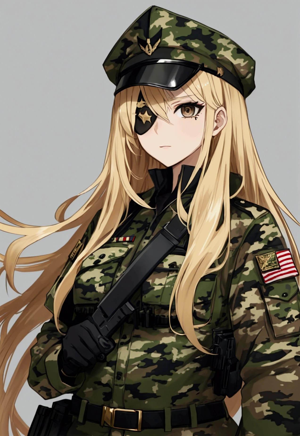 a woman with long blonde hair, brown eyes and a triangular black eye patch over her right eye and is wearing camouflage military clothing