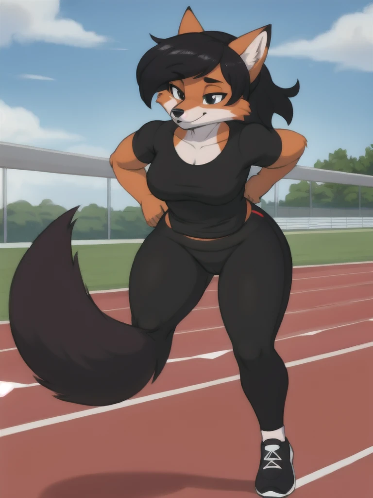 Furry, fox, female, black shirt, black leggings, shoes, running track, solo, full body