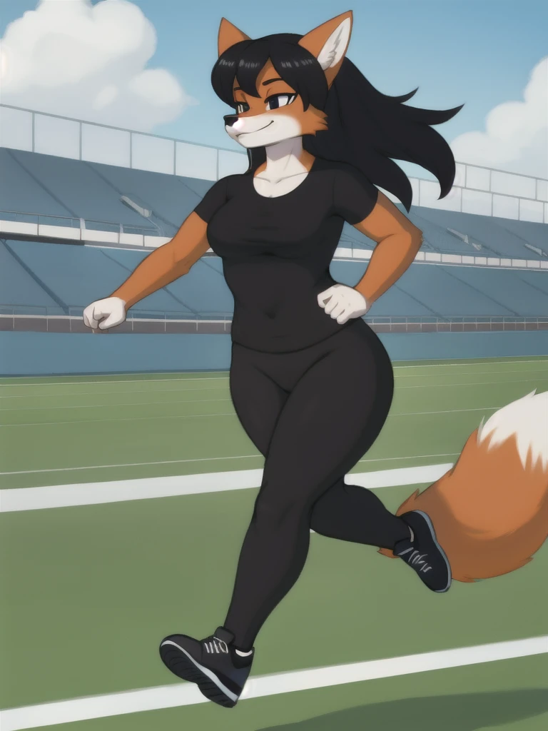 Furry, fox, female, black shirt, black leggings, shoes, running track, solo, full body