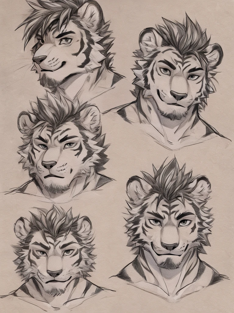 (high quality, highres, anime style), male, tiger, jock, masculine jawline, hunk, seductive, closeup, short curtain hairstyle, curtain haircut, drawing, multiple headshots, sketches, six headshots, combed back top hair, looking directly at viewer, front view, head slightly tilted up, at least 3 sketches