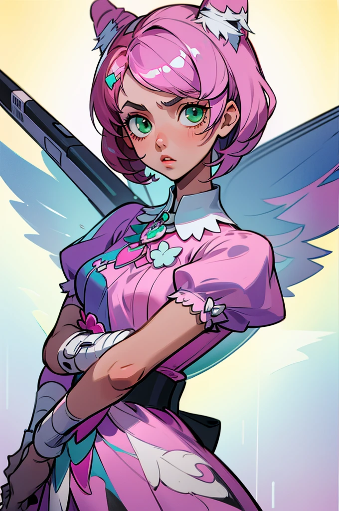 Alisa Bosconovitch, best qualityer, contemporary, flat style, minimalism, Green Eyes Flat Illustration, pink hair, shorth hair, multicolored wildly hair, black jersey, mechanical wings, Head Portrait Close-U, pointed chest, neckleace, super neckleace, middlebreasts, tekken,pink hair pastel, 1girl, in kimono, hand-painted,Colorless line drawing, pastel yandere colorful, tekken, with maid outfit,slender figure,chunky,He sat on the floor,Dressed in pink and white maid outfits,Very Shorthair,with cat ears,quadratic element,, pink kawaii in 1910 era clothing, Alisa Bosconovich pink lips, no style da soft core palette aurorapunk, an anime illustration of his face, animated gifs, hand drawn animation, charming sketches, smooth and shiny, hazy romanticism, Superflat style, white background - ar 1:1 - niji 5 - expressive style --s 50