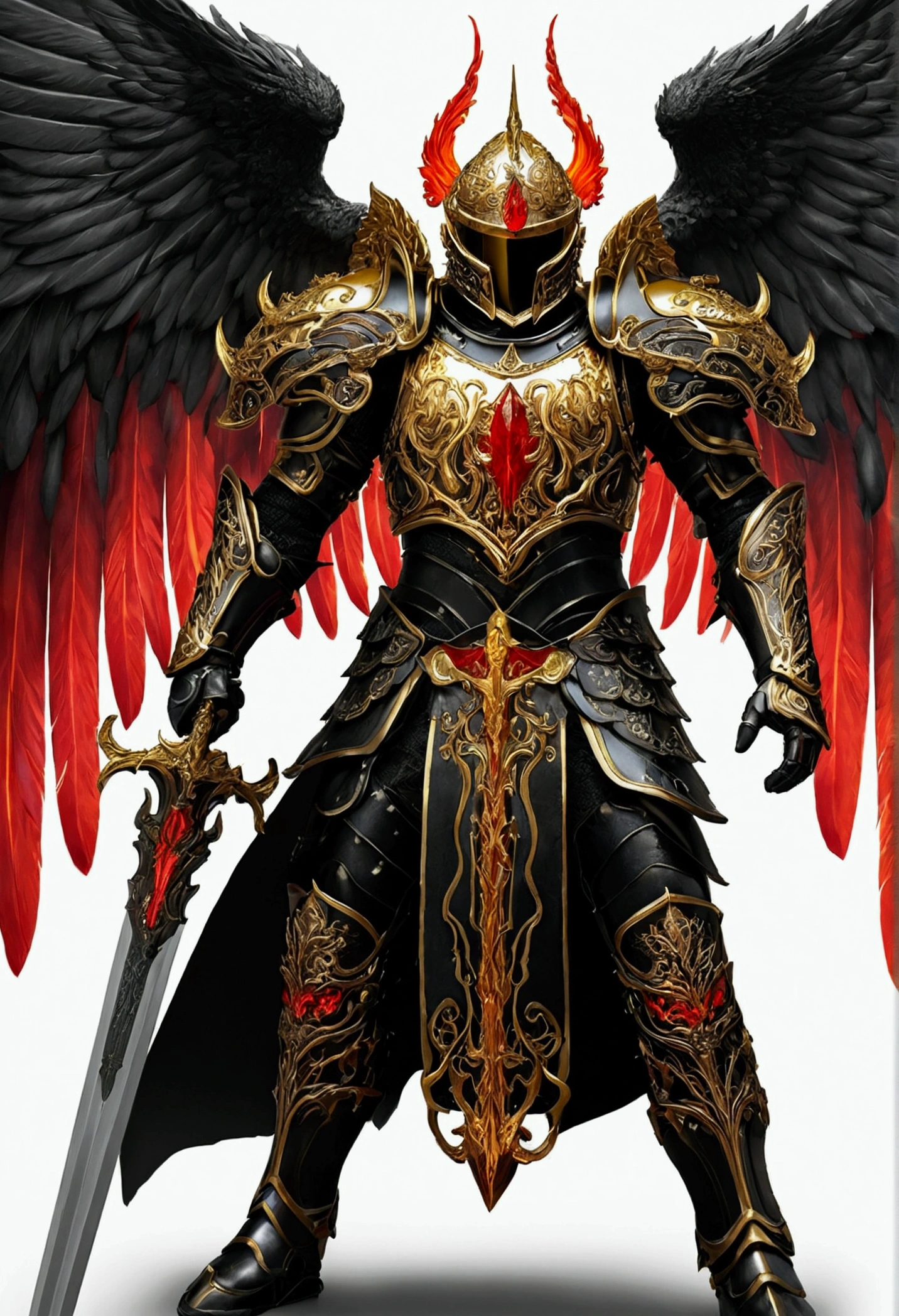 A warrior in gold and black armor with a few red details. This one has angel wings which are black and a flaming sword. 