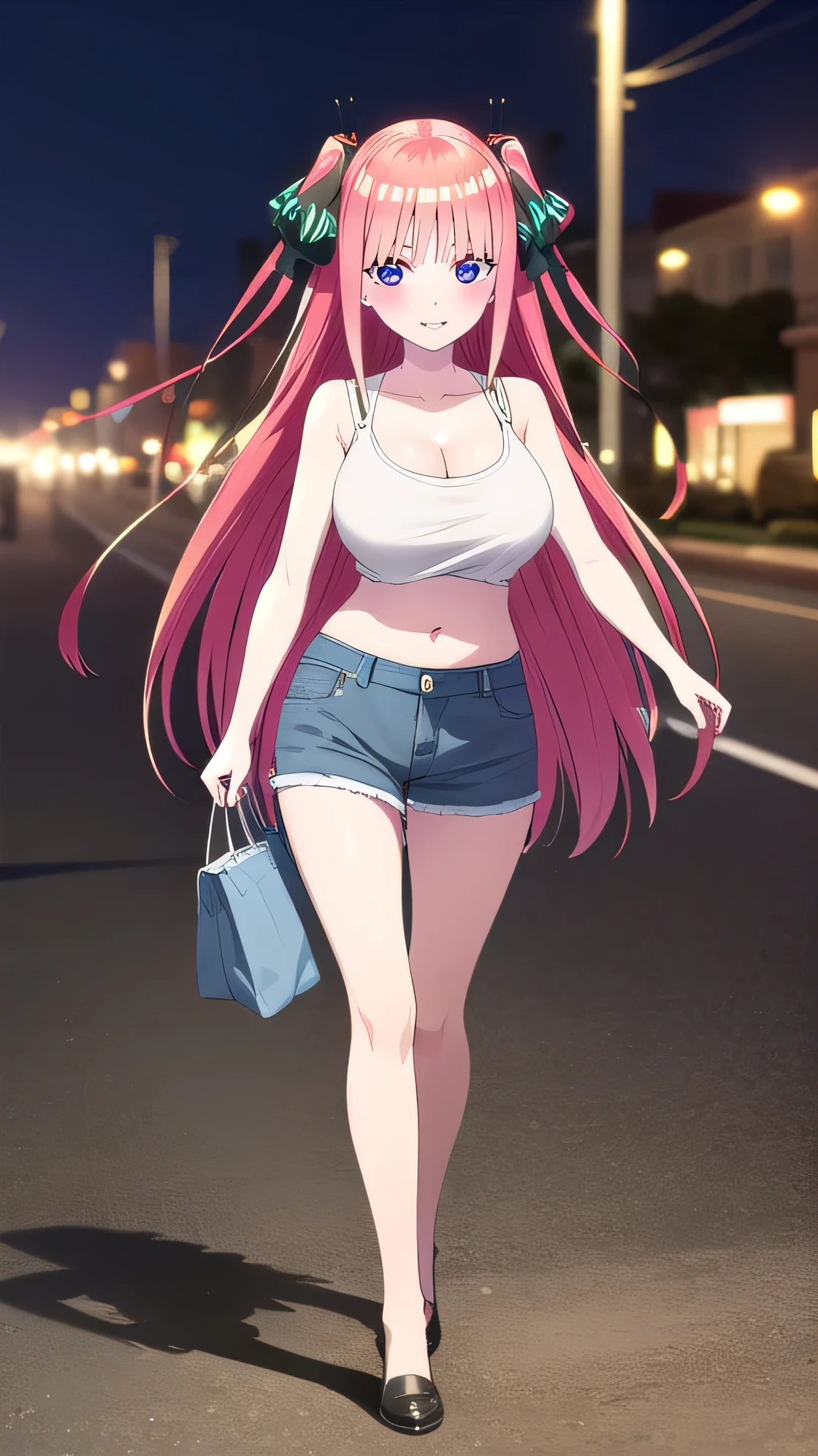 front view detailed body, long belly , Slender body, tight body , thicc, large breast, breast, long thighs, masterpiece, long hair, very long hair, ninonakano, nino nakano, long hair, bangs, blue eyes, hair ornament, hair ribbon, pink hair, blunt bangs, two side up, butterfly hair ornament,hair_between_eyes, very_long_hair, cowboy shot, front shot, looking at viewer, Shirt, white shirt, crop top, navel, stockings, Denim, short denim, collarbone, cleavage, armpit, bag, holding, night, outdoors, full body, Beautiful Finger,Beautiful long legs,Beautiful body,Beautiful Nose,Beautiful character design, perfect eyes, perfect face,expressive eyes, looking at viewer,(Full_body),(Focus on her face), official art,extremely detailed CG unity 8k wallpaper, perfect lighting,Colorful, Bright_Front_face_Lighting,shiny skin, (masterpiece:1.0),(best_quality:1.0), ultra high res,4K,ultra-detailed, photography, 8K, HDR, highres, absurdres:1.2, Kodak portra 400, film grain, blurry background, bokeh:1.2, lens flare, (vibrant_color:1.2) (Beautiful,large_Breasts:1.4), (beautiful_face:1.5),(narrow_waist), facing the viewer