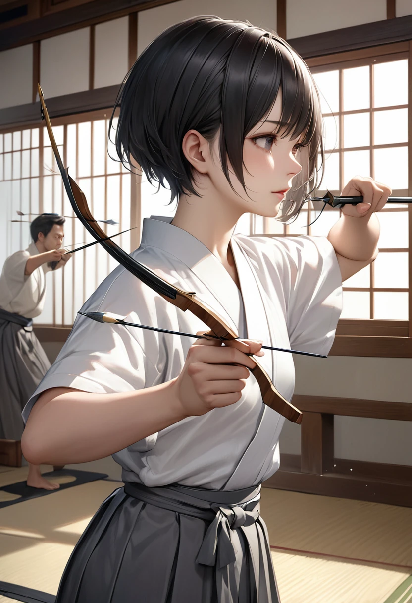 {{masterpiece、Highest quality、(((Realistic、Realistic:1.37)))、One Girl, 8K quality、Very delicate and beautiful、wonderful、Large file size、Very detailed、Very detailed、Cinema Lighting}}、Small breasts, Hinyuu,Tomboy,Looks like a boy,Very short hair,Black Hair,Boys Haircut,Short sleeve,,Bow and Arrow,Target,aiming Target,(White kimono) (Gray Hakama),kimono,Japanese Dojo, Drawing Bow Anatomically Accurate Body Drawing、The rooms and gardens of Japanese feudal lords'residence of、With a bow and arrow in hand,Combat Stance
