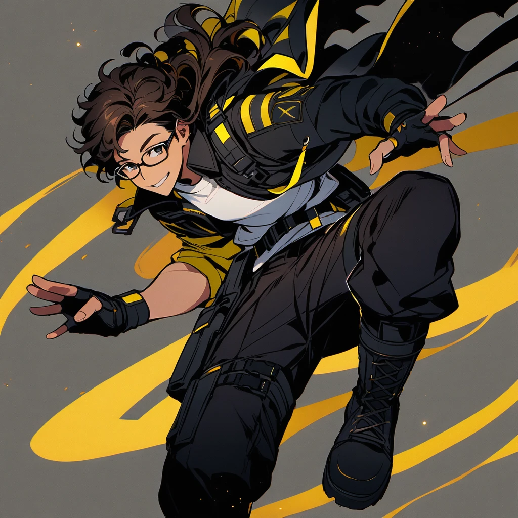 (well done:1) one man, short dark brown curly hair, black eyes, black clothes with yellow details, white sweatshirt jacket over top, tactical boots, fingerless gloves, yellow tips in the hair, glasses, no hand,