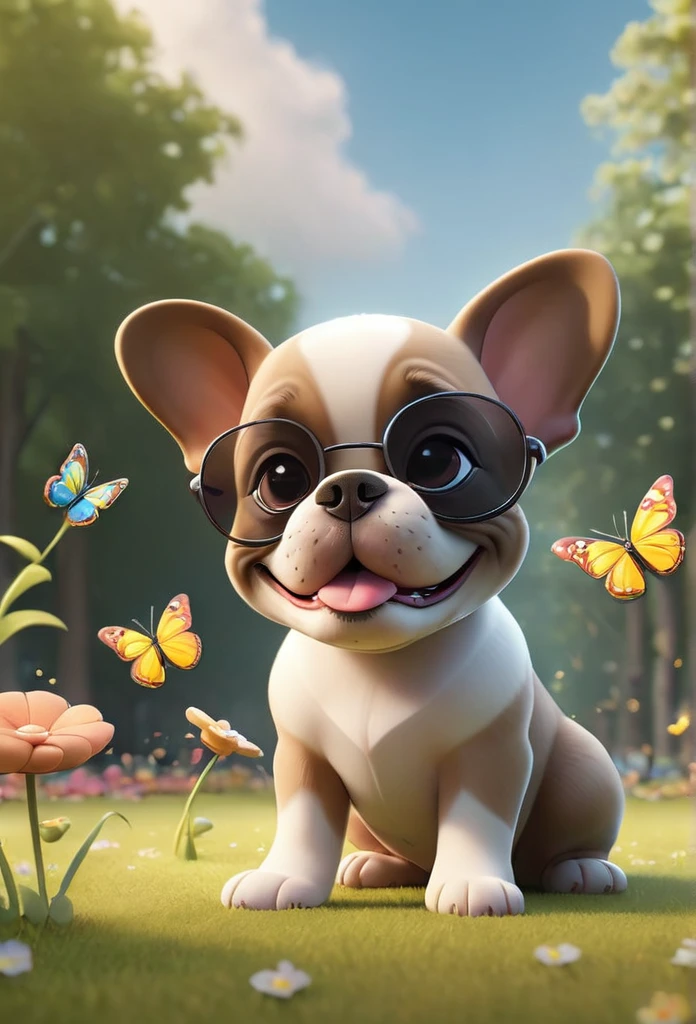 Adorable small tan boston Terrior puppy playing at park, wearing sunglasses playing at park butterflies and flowers in background 3D Pixar style
